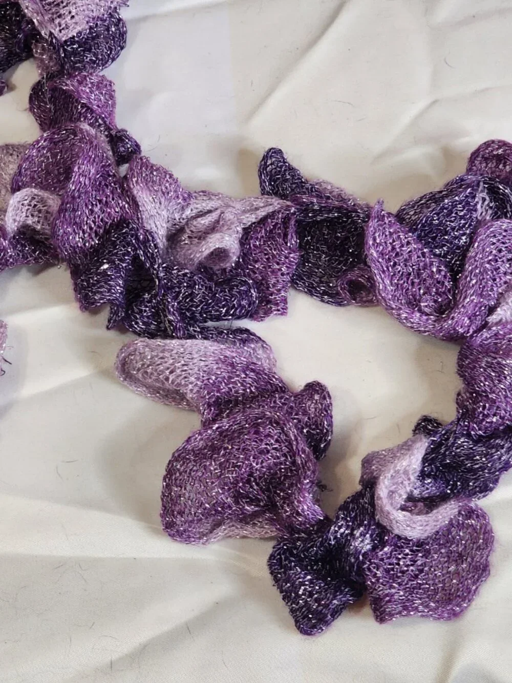 Handmade Crochet Purple and Lilac with Metallic Silver Threads Throughout Scarf